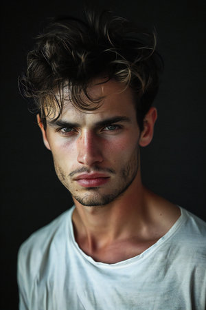 Portrait of a handsome young man on a dark background. Men's beauty, fashion.の素材