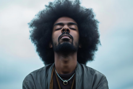 Portrait of handsome african american man with curly hair outdoorsの素材