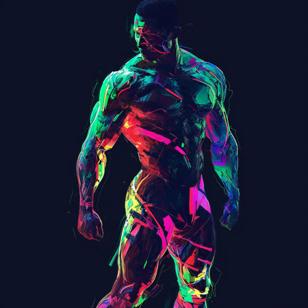 Futuristic man with glowing bodyart isolated on black background.の素材