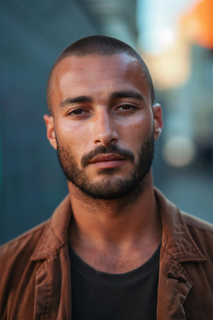 Portrait of a young handsome African man with beard and mustache in the cityの素材