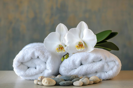 White towels with orchids and pebbles on wooden tableの素材