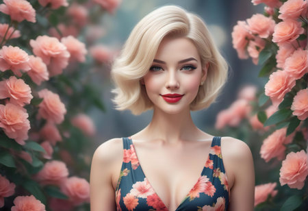 Beautiful girl with blonde hair and red lips on the background of pink rosesの素材