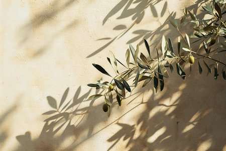 Olive tree branch with shadow on the wall. Natural background.の素材