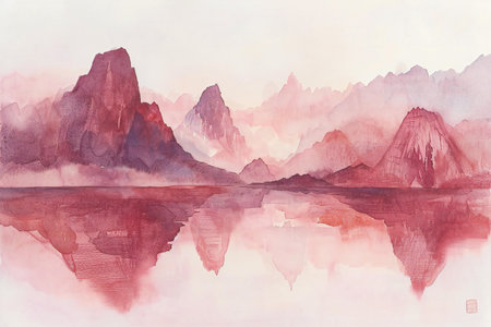 Watercolor landscape with mountains and lake. Digital art painting illustration.の素材