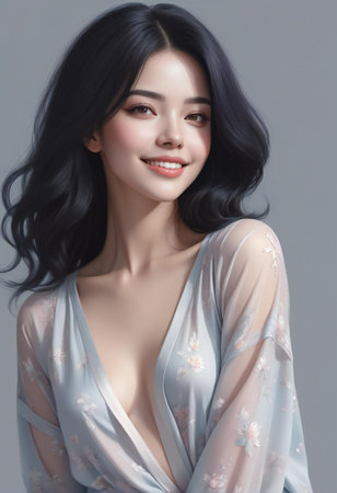 Beautiful asian woman with long black hair, closeup portraitの素材