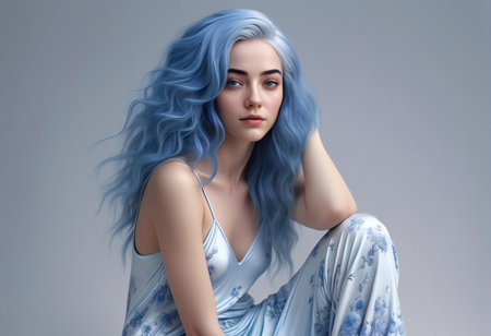 Portrait of a beautiful girl with blue hair on a gray backgroundの素材