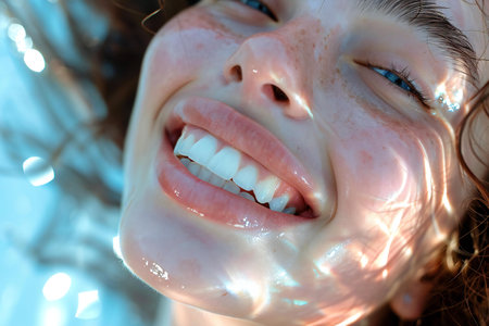 Beautiful young woman with white teeth in the swimming pool. Close-up.の素材