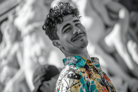 Portrait of a handsome young man with curly hair, wearing colorful shirt, smiling. Black and white photo.の素材