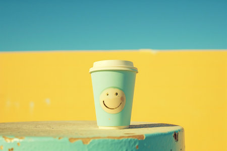 Coffee cup with smiley face on the beach - vintage filterの素材