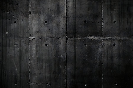 Black concrete wall with cracks and scratches. Abstract background for design.の素材