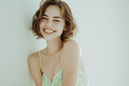 beautiful young woman in lingerie smiling at camera on white backgroundの素材