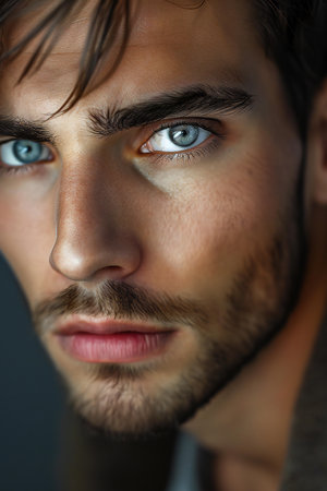 Close-up portrait of a handsome young man with blue eyes.の素材