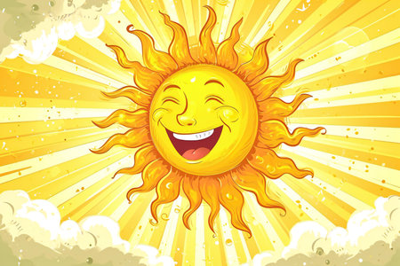 Cartoon sun with happy face on sunny sky background illustration for childrenの素材