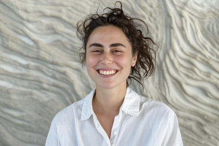 Portrait of a beautiful young woman with curly hair and white shirtの素材