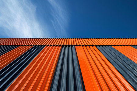 Blue and orange corrugated metal sheets against the blue sky.の素材