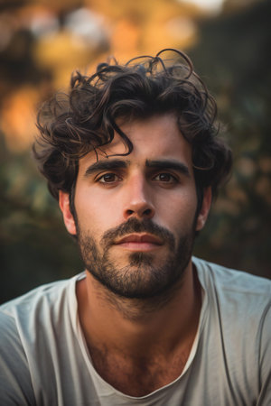 Portrait of handsome young man with dark hair and beard looking at cameraの素材