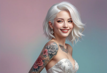 Portrait of a beautiful blonde woman with a tattoo on her armの素材
