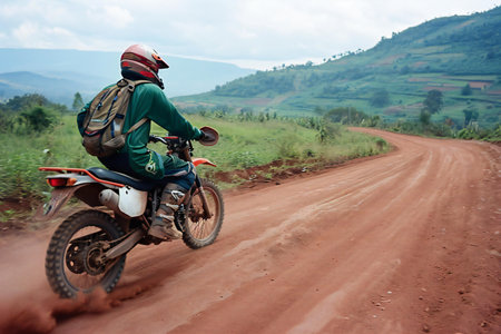 Rear view of a man riding a motorcycle on the dirt roadの素材