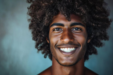 Portrait of a handsome young man with afro hairstyle smiling at cameraの素材