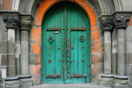 Old green wooden door with wrought iron lock in the Gothic style.の素材