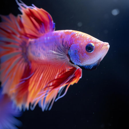 Capture the moving moment of red-blue siamese fighting fish isolated on black background. betta fish.の素材