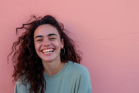 Portrait of a beautiful young woman with curly hair smiling against pink backgroundの素材