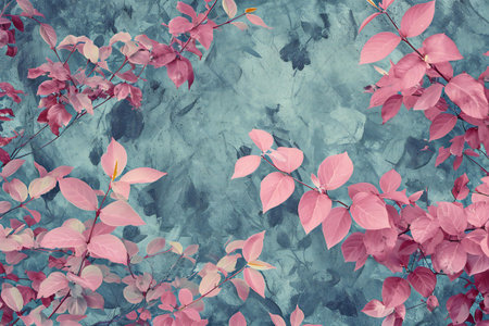 Grunge background with pink leaves on blue grunge texture.の素材