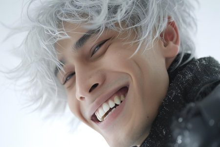 Portrait of a young man with blond hair in the winter.の素材