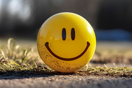Smiley ball on the ground. Selective focus on the smile ballの素材