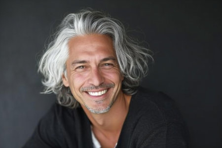Portrait of a senior man with grey hair smiling at the cameraの素材