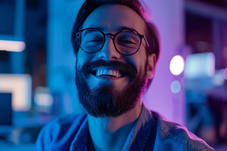 Handsome young man in glasses smiling while working at night officeの素材