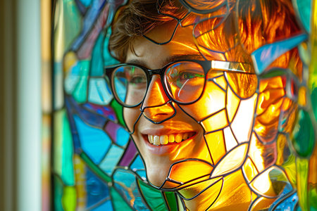 Portrait of a boy with glasses in a stained glass window.の素材