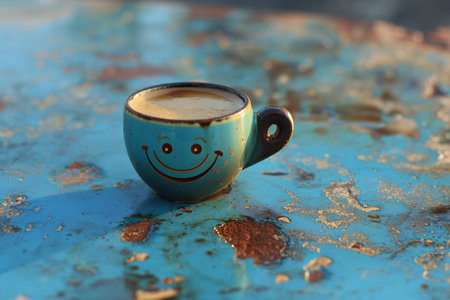 Coffee cup with smiley face on rusty metal background.の素材