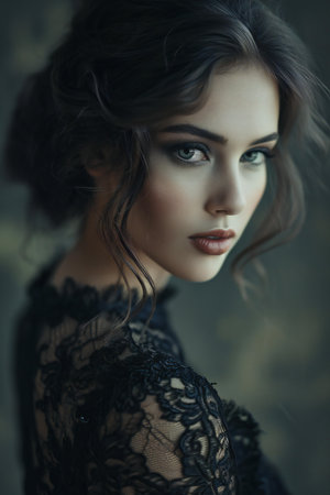 Portrait of a beautiful young woman in a black lace dress.の素材