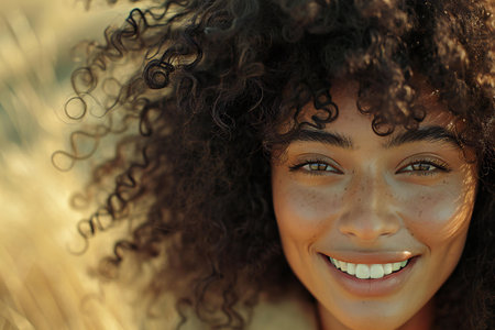 Close up portrait of a beautiful african american woman with curly hairの素材