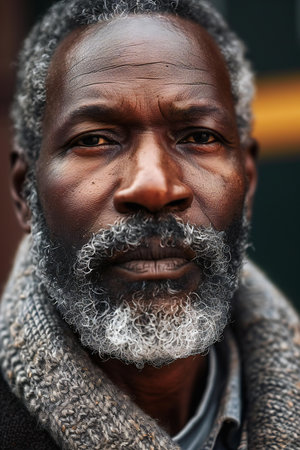Portrait of a senior African man with a beard and mustache in the street.の素材