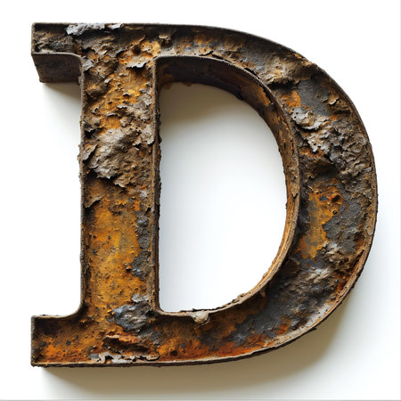 Rusty letter D cut out of white paper on a white backgroundの素材