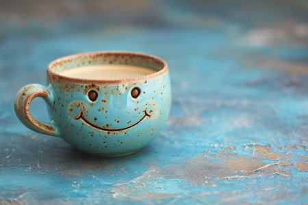 Cup of coffee with smiley face on color textured backgroundの素材