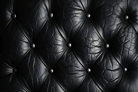 Luxury black leather upholstery background with buttons closeupの素材