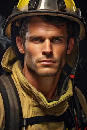 Portrait of a firefighter in uniform and helmet. Studio shot.の素材