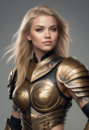 Portrait of a beautiful blonde girl in armor. Studio shot.の素材