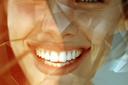 Young woman with white teeth. Dental concept. Double exposure.の素材