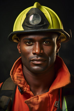 Portrait of an african-american firefighter wearing a helmet and reflective vest.の素材