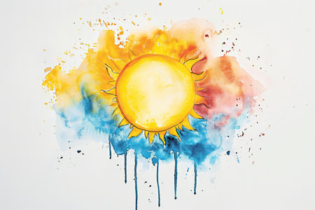 Sun and watercolor splashes on a white background. Watercolor illustration.の素材