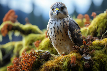 Kestrel on a mossy forest floor. Wildlife scene from nature.の素材