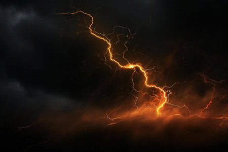 Fiery lightning in the night sky. Thunderstorm. Abstract backgroundの素材