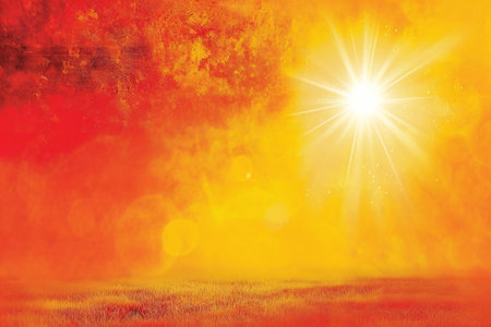 Fantasy landscape with sun and grass. Abstract nature background. Copy space.の素材