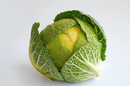 Savoy cabbage isolated on white background. Close-up shot.の素材