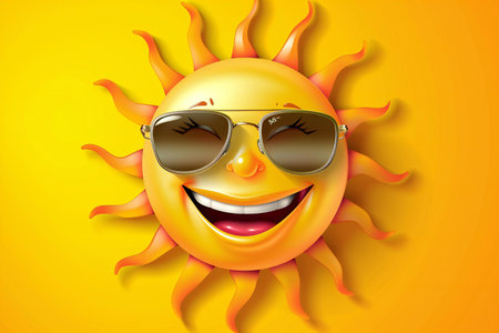 Smiling sun with sunglasses on a yellow background.の素材