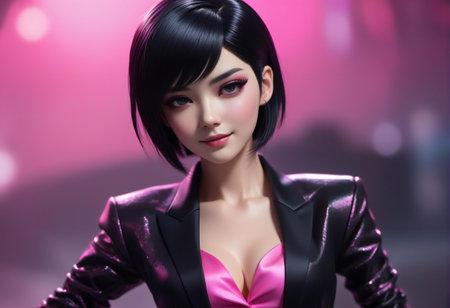 beautiful asian woman in black leather jacket with pink lights in backgroundの素材